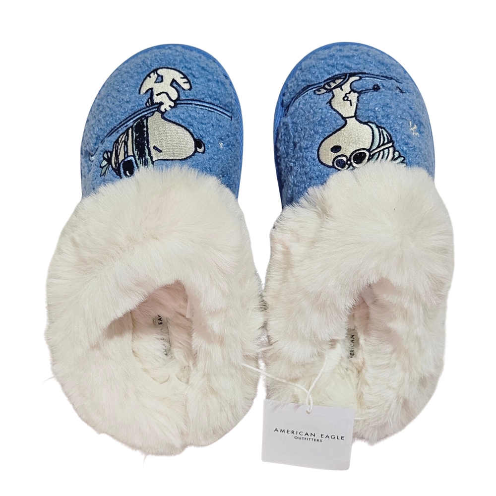 American Eagle Slippers Size 5 Blue Snoopy Peanuts Ski Scuff Slippers Winter New